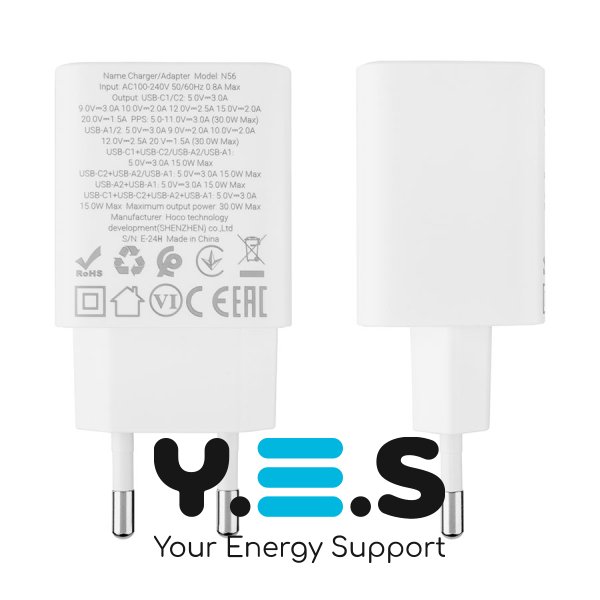 Зарядний пристрій HOCO N56 Fundador 2×USB‑C+2×USB PD 30W, білий (6942007632508)