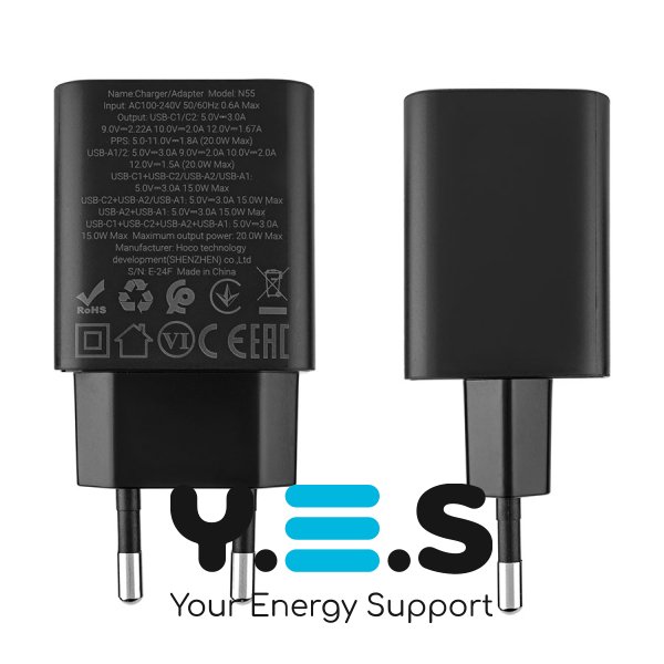 Зарядний пристрій HOCO N55 Fundador 2xUSB-C+2xUSB PD 20W, чорний (6942007632430)