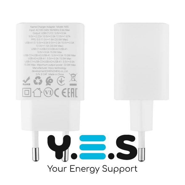 Зарядний пристрій HOCO N55 Fundador 2C+2U PD 20W, білий (6942007632447)