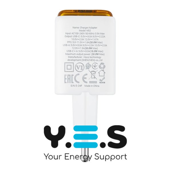 Зарядний пристрій HOCO N52 Monsoon PD 20W + QC 3.0, білий (6942007630375)