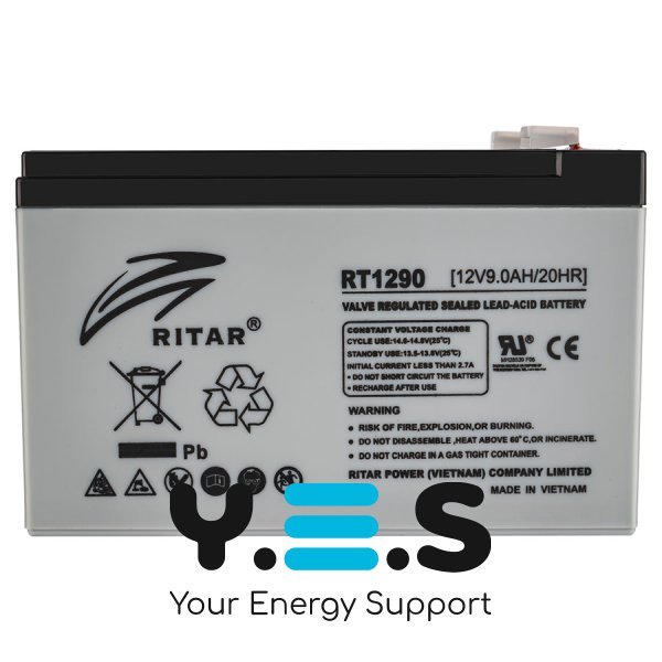 Акумулятор Ritar RT1290 AGM 12В 9А·год, сірий корпус, 151×65×94 мм, 2,3 кг