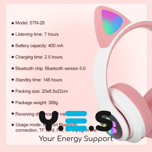 Дитячі бездротові Bluetooth-навушники Cat 28 з LED підсвіткою та котячими вушками