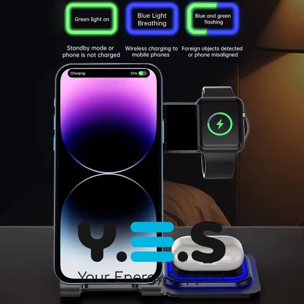 Бездротова зарядна станція 3-в-1 15 Вт: магнітна підставка для телефону, годинника й навушників