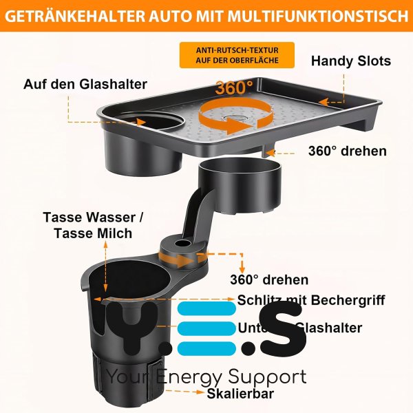 Універсальний автопідстаканник-піднос для їжі з подвійним тримачем для напоїв