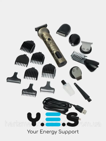 Набір-тример VGR V-106 для волосся і бороди 6-в-1, 14 насадок, LED, акумуляторний