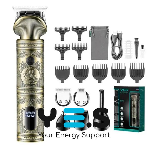 Набір-тример VGR V-106 для волосся і бороди 6-в-1, 14 насадок, LED, акумуляторний