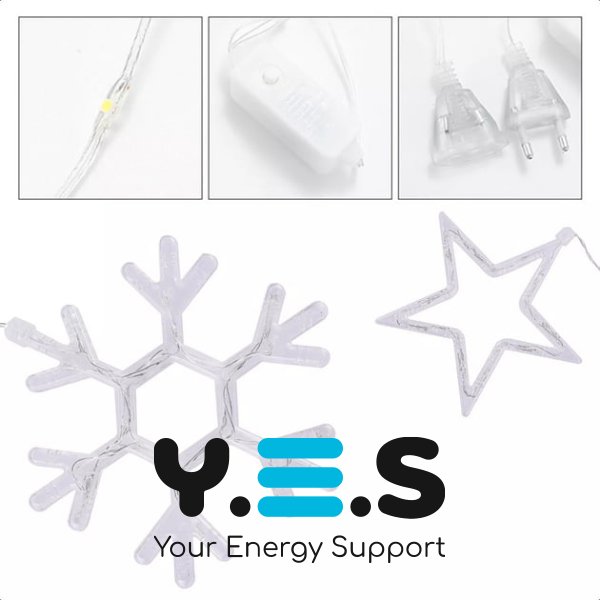 Гірлянда-штора SF-41 «Зірки й сніжинки» 3×0,9 м, USB, тепле світло, пульт ДУ