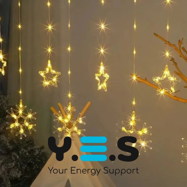 Гірлянда-штора SF-41 «Зірки й сніжинки» 3×0,9 м, USB, тепле світло, пульт ДУ