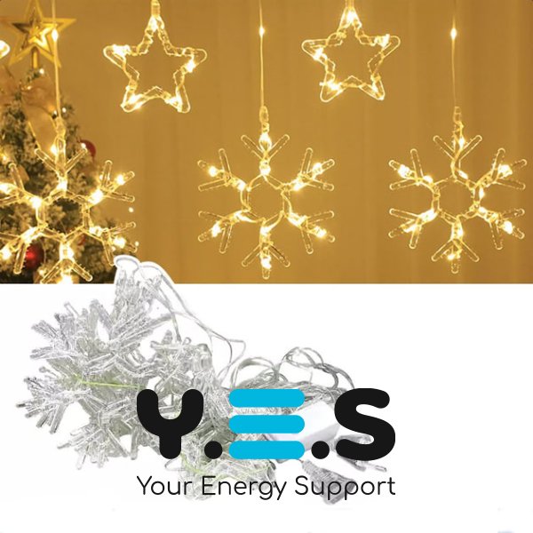 Гірлянда-штора SF-41 «Зірки й сніжинки» 3×0,9 м, USB, тепле світло, пульт ДУ