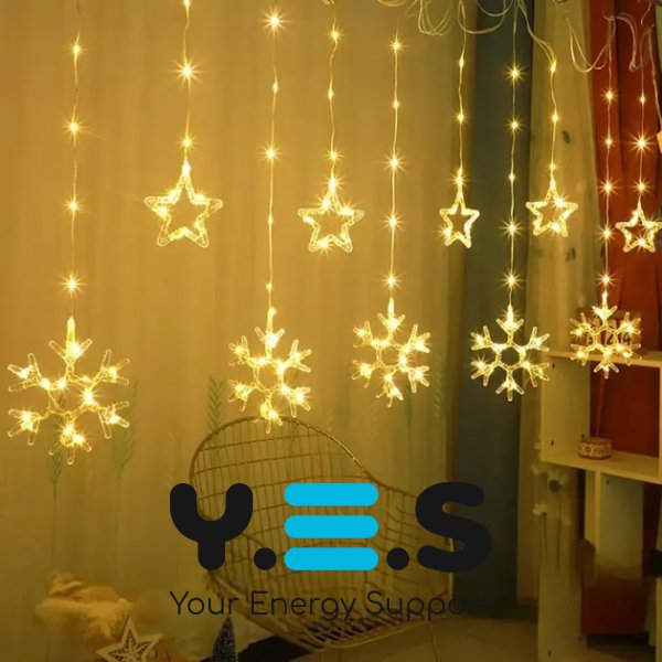 Гірлянда-штора SF-41 «Зірки й сніжинки» 3×0,9 м, USB, тепле світло, пульт ДУ