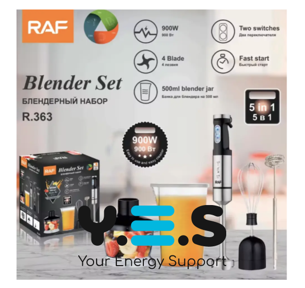 Блендер RAF R.363 5-в-1 з нержавіючої сталі для дому, універсальний, 900W
