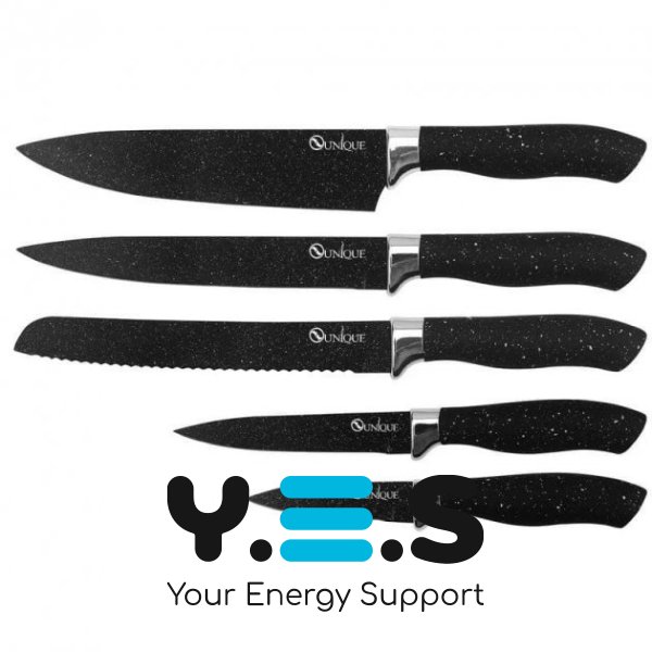 Набір кухонних ножів UNIQUE UN-1841 на магнітній підставці з точилкою, 6 предметів, чорні