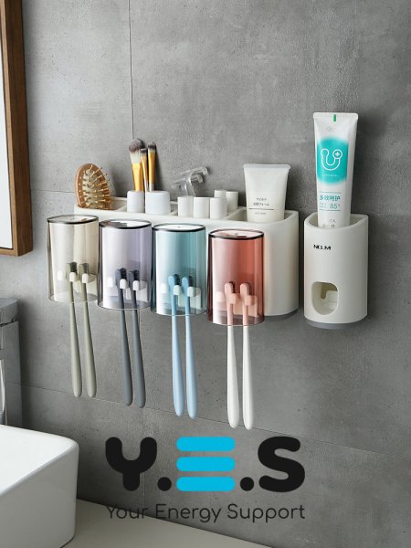 Настінний органайзер для ванної: тримач зубних щіток з отворами + автодиспенсер пасти