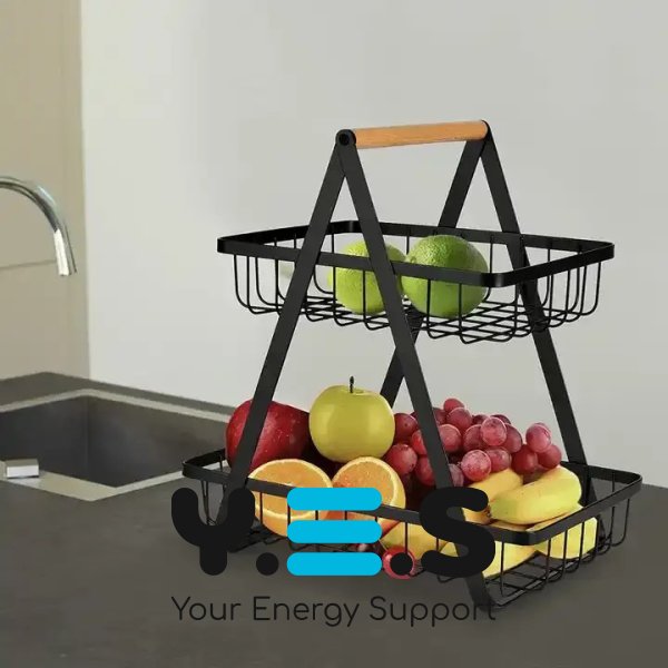 Настільна двоярусна фруктівниця Double Fruit Basket, розбірний металевий кошик з дерев’яною ручкою