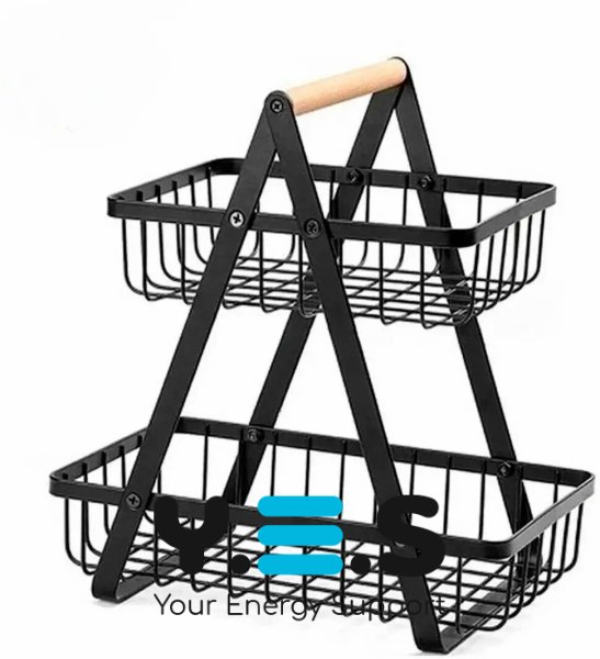 Настільна двоярусна фруктівниця Double Fruit Basket, розбірний металевий кошик з дерев’яною ручкою