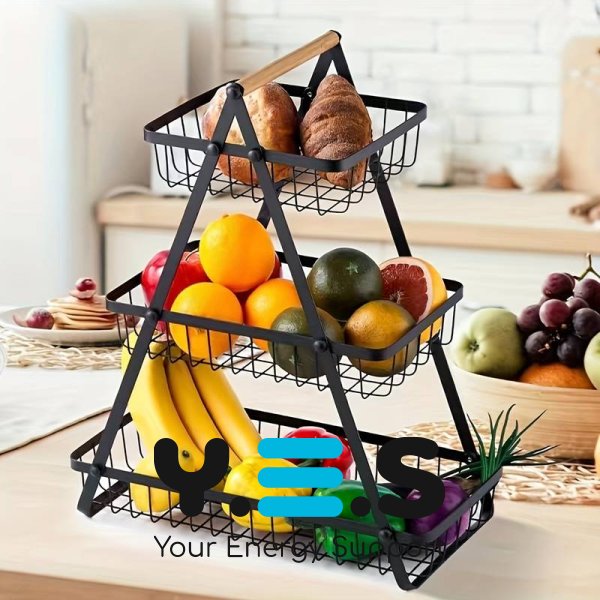 Розбірний настільний металевий 3-ярусний кошик-фруктівниця з дерев’яною ручкою Triple Fruit Basket