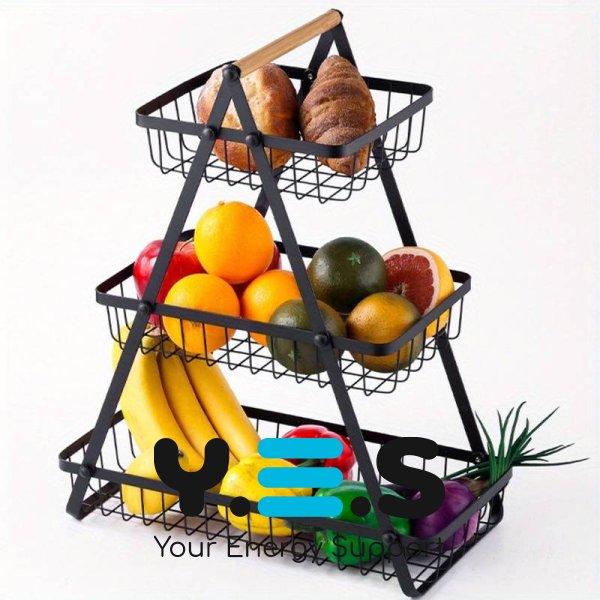 Розбірний настільний металевий 3-ярусний кошик-фруктівниця з дерев’яною ручкою Triple Fruit Basket