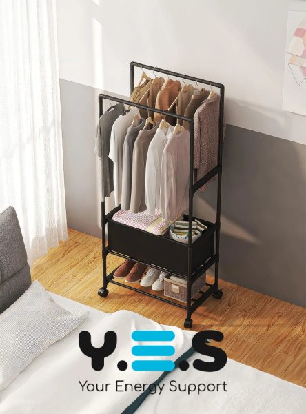 Стійка-вішалка для одягу та взуття на колесах YH9918-3A, телескопічна, регульована висота