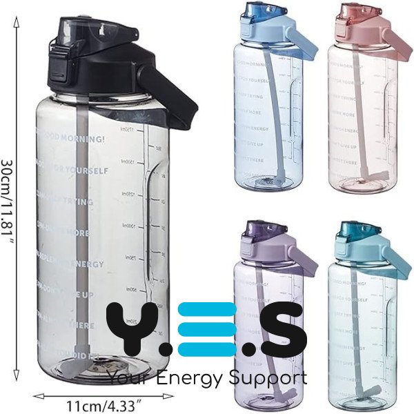 Пляшка для води 2 л з соломинкою та ручкою, пластикова