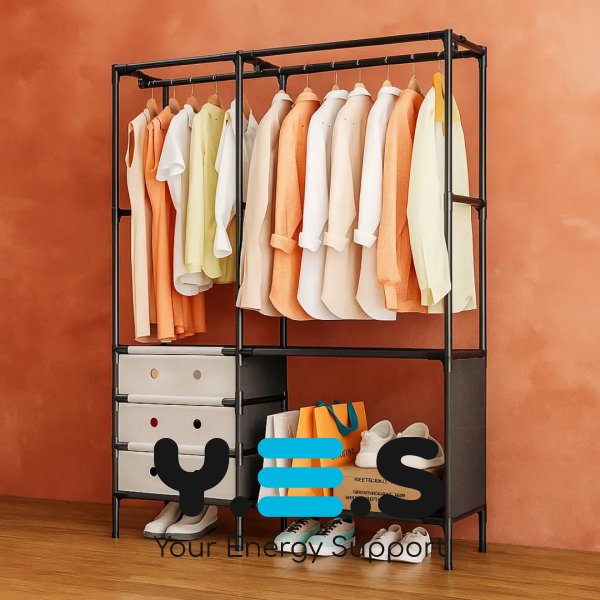 Підлогова стійка-вішалка для одягу YMJ-02 з полицями та штангою для вішаків