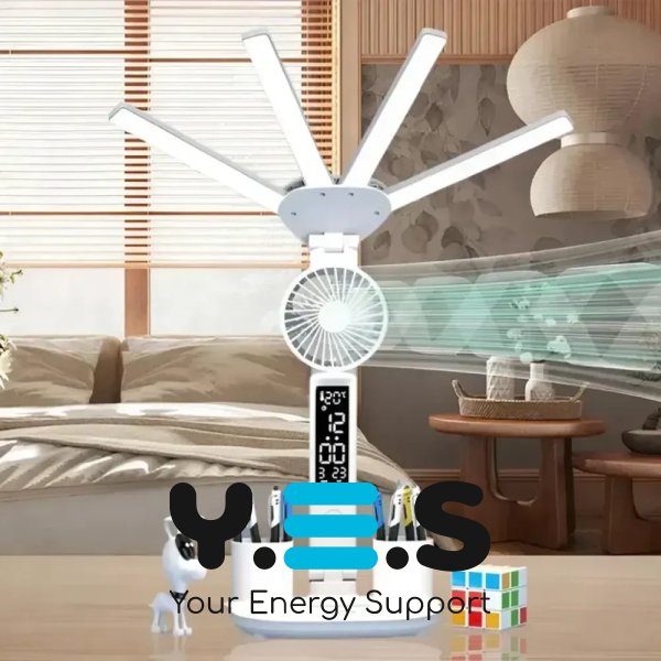 Настільна акумуляторна LED-лампа KRX-1011 з вентилятором, годинником, дисплеєм, підставкою, 3 режими, сенсорна