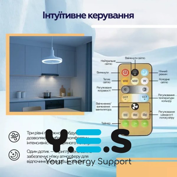 LED лампа-вентилятор AY1039 E27 з пультом: 3 режими світла, 3 швидкості вентилятора