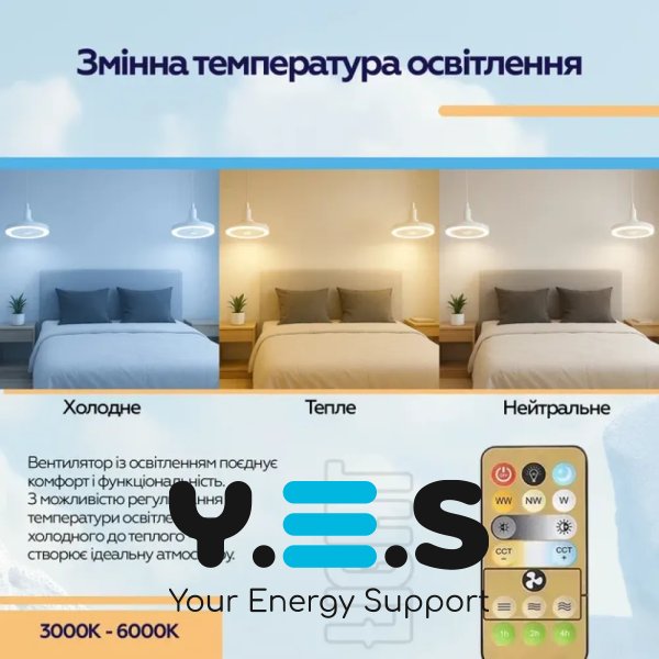 LED лампа-вентилятор AY1039 E27 з пультом: 3 режими світла, 3 швидкості вентилятора