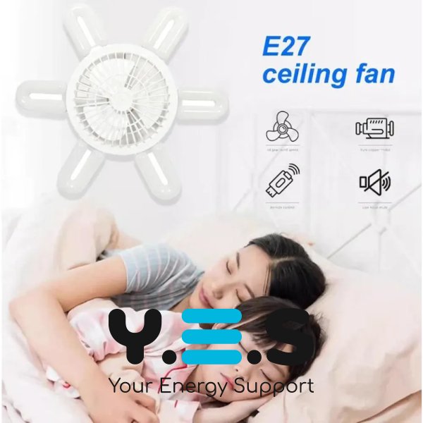 LED лампа-вентилятор 2-в-1 E27 AY1033 з пультом: 3 режими світла, 3 швидкості (дім/кухня/дача/офіс)