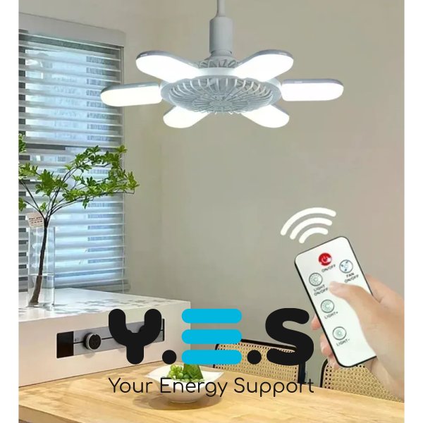 LED лампа-вентилятор 2-в-1 E27 AY1033 з пультом: 3 режими світла, 3 швидкості (дім/кухня/дача/офіс)
