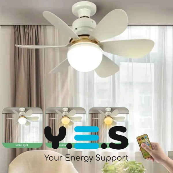 LED лампа-вентилятор 2в1 E27 AY1056 з пультом: 3 режими світла, 3 швидкості (дім/кухня/дача/офіс)