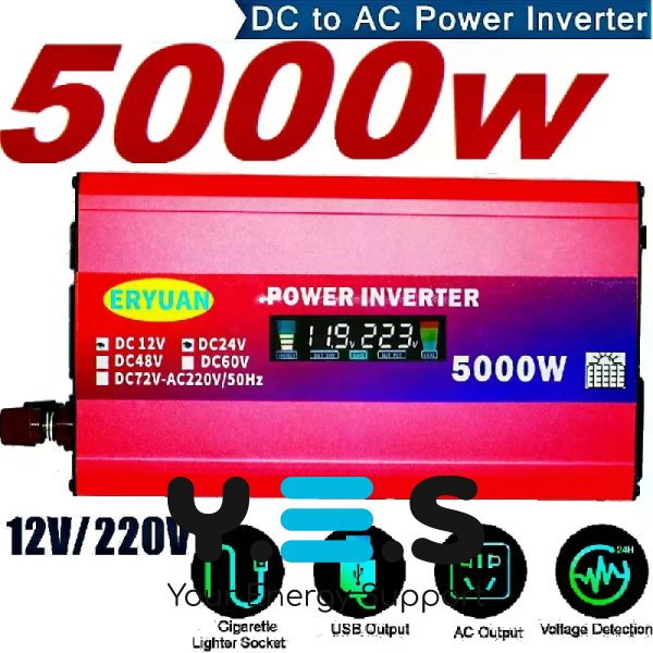 Інвертор 5000W 12/24V→220V з LCD, підтримка сонячної панелі, для дому/авто/дачі, резервне живлення