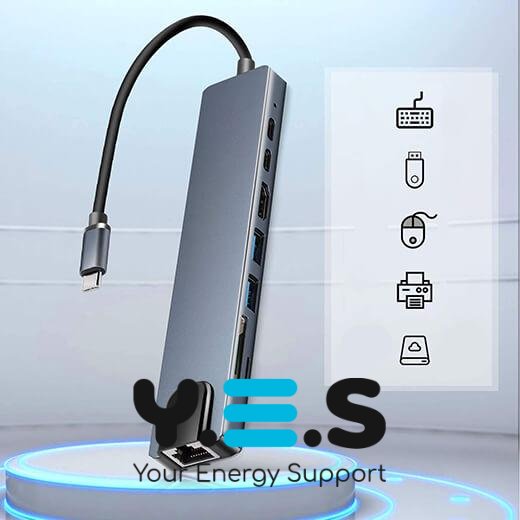 USB‑C хаб 8‑в‑1: RJ45, HDMI, USB, TF/SD (Type‑C)