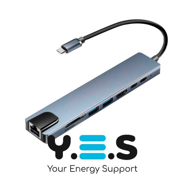 USB‑C хаб 8‑в‑1: RJ45, HDMI, USB, TF/SD (Type‑C)