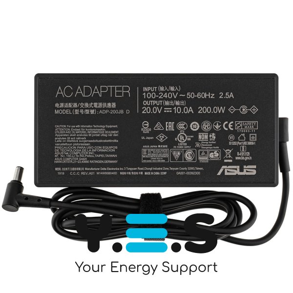 Блок живлення для ноутбука ASUS 20V 10A 200W, штекер 6.0×3.7мм PIN, чорний, прямокутний